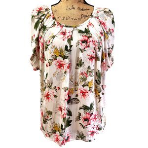 Joie Women's Silk Blouse SZ S Short Sleeve White Green Pink Cottage Floral Top